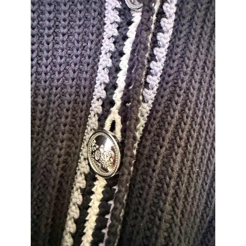Talbots Womens M Black White Cotton Knit Cardigan Striped Trim Preppy Nautical - Picture 3 of 8